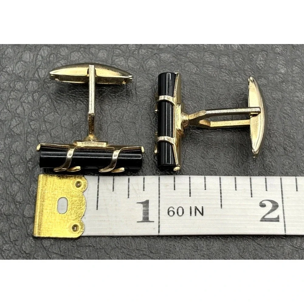 Vintage Emmons Black Stone Gold Tone Barrel Cufflinks Men's Luxury Accessory